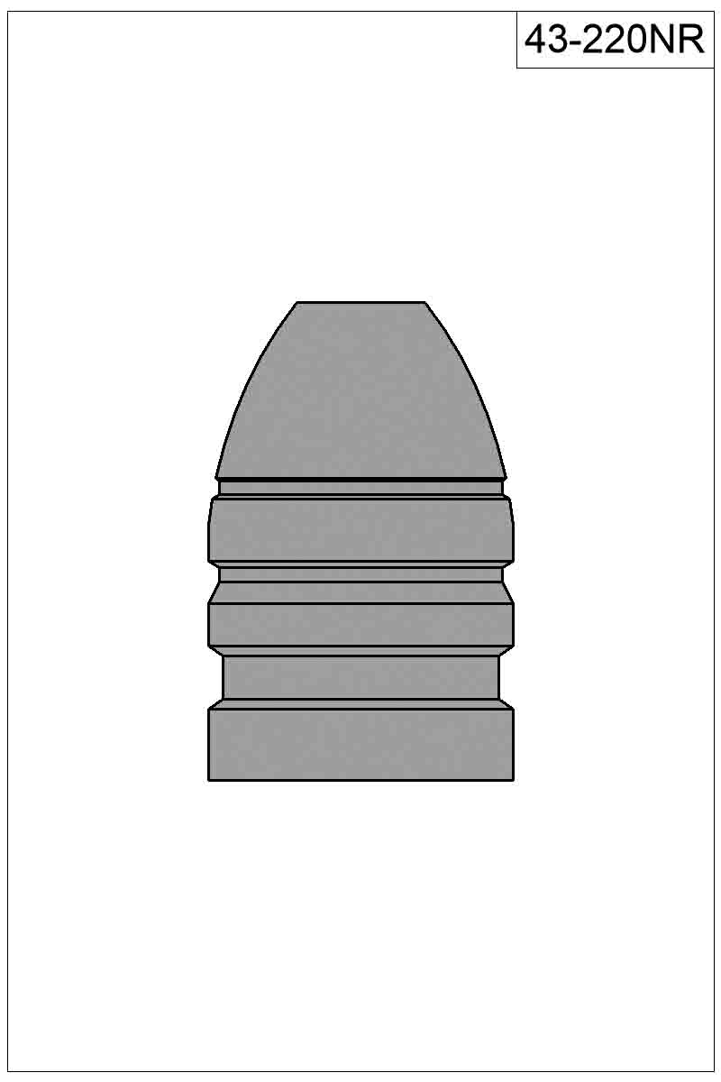 A drawing courtesy of Accurate Molds for bullet number 43-220NR, showing the ring around the bullet’s nose. 10 shots with Mike’s .44 Colt by Cimarron Firearms shows a score of 100 with 5Xs.
